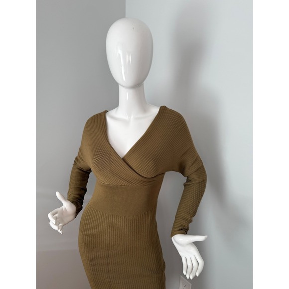 Commense Ribbed Knit Midi Dress Long Sleeve V Neck Olive Career Casual‎ size XS - Picture 12 of 14